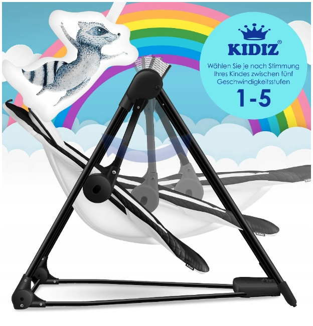 Elektryczny leżaczek bujaczek dla niemowląt – czarno-biały, składany, max. 9 kg