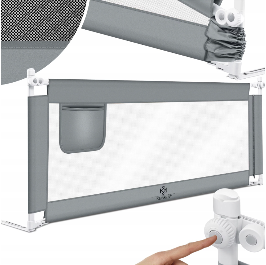 Barierka ochronna do łóżka KESSER szara 150 cm 44 cm regulacja 72-96 cm