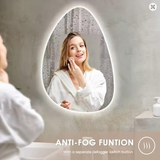 Asymetryczne lustro łazienkowe 80x55 cm, oświetlenie LED, włącznik dotykowy, regulacja jasności, 3 kolory, funkcja zapobiegająca parowaniu, funkcja pamięci