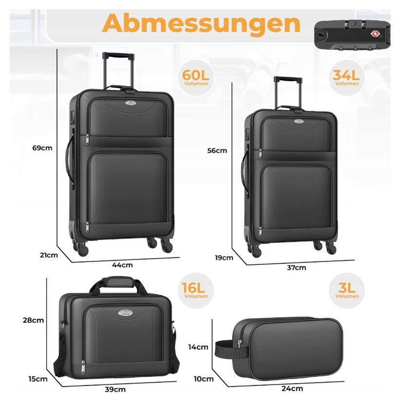 Zestaw 4 walizek z zamkiem TSA i kółkami 360° + kosmetyczka – szary