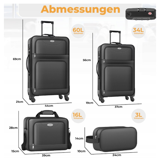Zestaw 4 walizek z zamkiem TSA i kółkami 360° + kosmetyczka – szary