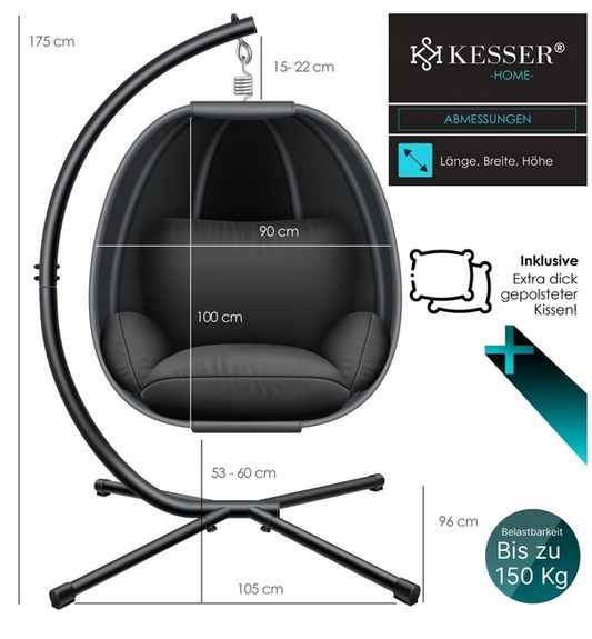 Fotel wiszący wolnostojący antracyt 90 cm 150 kg KESSER