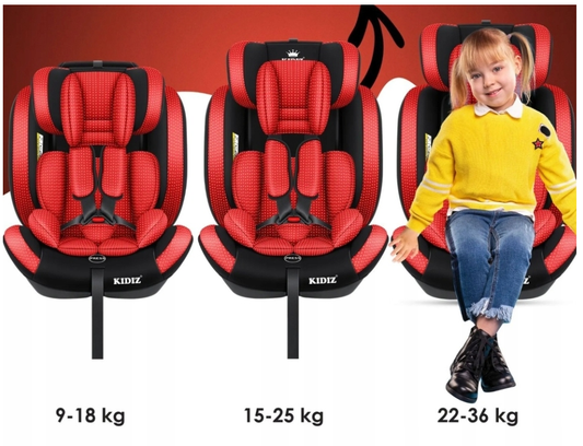 Fotelik samochodowy dziecięcy, czarno -czerwony 9-36 kg (Grupa 1+2+3) KIDIZ