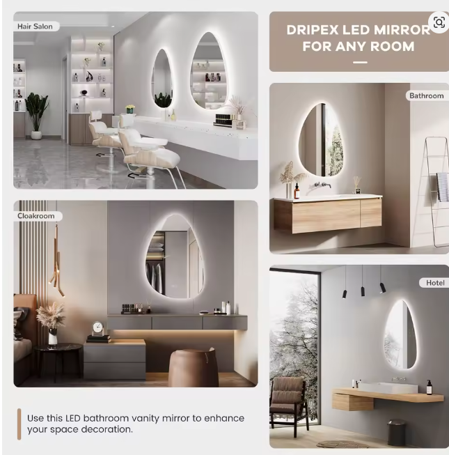 Asymetryczne lustro łazienkowe 80x55 cm, oświetlenie LED, włącznik dotykowy, regulacja jasności, 3 kolory, funkcja zapobiegająca parowaniu, funkcja pamięci