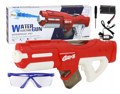 Duży Czerwony Pistolet na Wodę 750 ml z okularami – zasilanie akumulatorowe ELEKTRYYCZNY