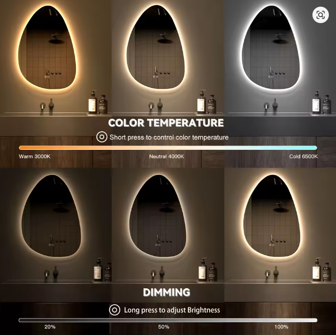 Asymetryczne lustro łazienkowe 80x55 cm, oświetlenie LED, włącznik dotykowy, regulacja jasności, 3 kolory, funkcja zapobiegająca parowaniu, funkcja pamięci