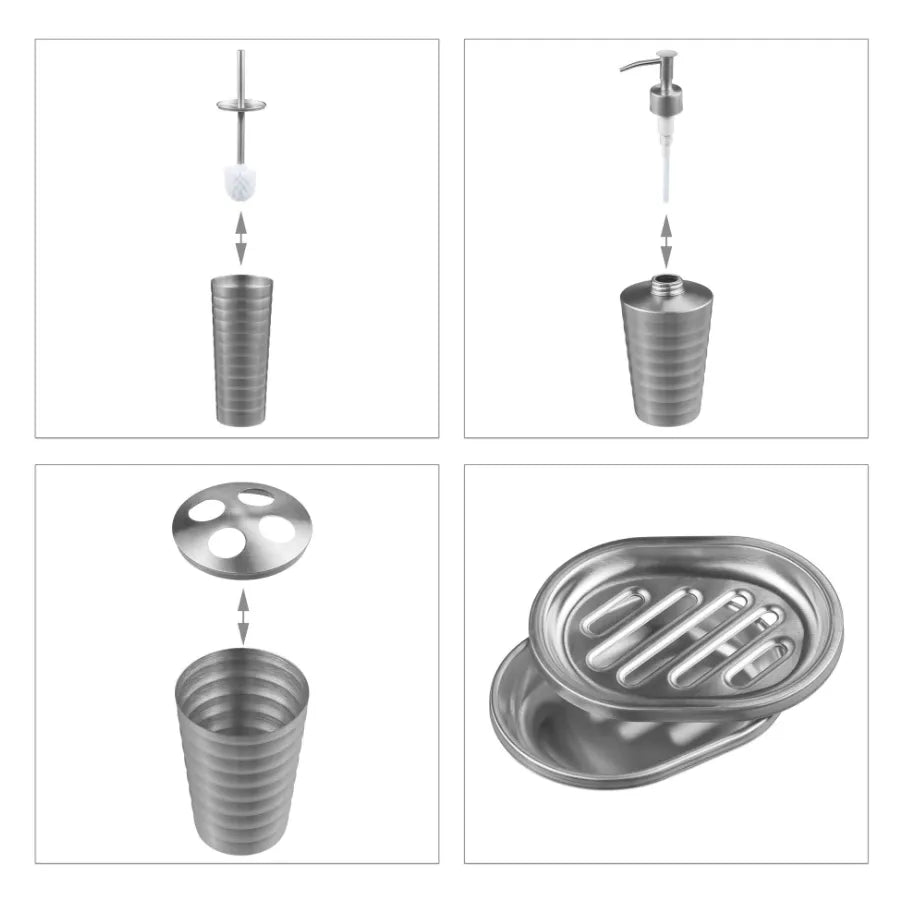 5 CZĘŚCIOWY ZESTAW ŁAZIENKOWY MYDELNICZKA SZCZOTKA MAT SREBRNY