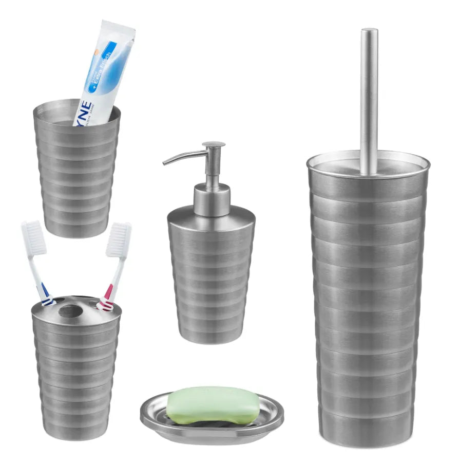 5 CZĘŚCIOWY ZESTAW ŁAZIENKOWY MYDELNICZKA SZCZOTKA MAT SREBRNY