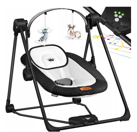 Elektryczny leżaczek bujaczek dla niemowląt – czarno-biały, składany, max. 9 kg