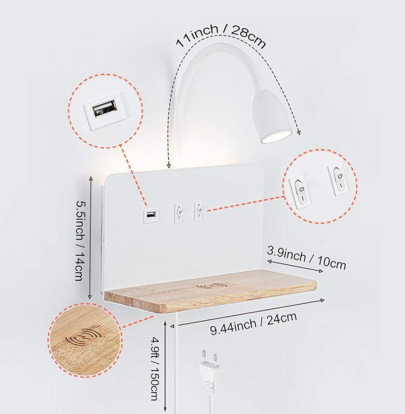 Lampa ścienna LED z bezprzewodową ładowarką 2 w 1, lampka nocna z przyłączem USB