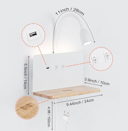 Lampa ścienna LED z bezprzewodową ładowarką 2 w 1, lampka nocna z przyłączem USB