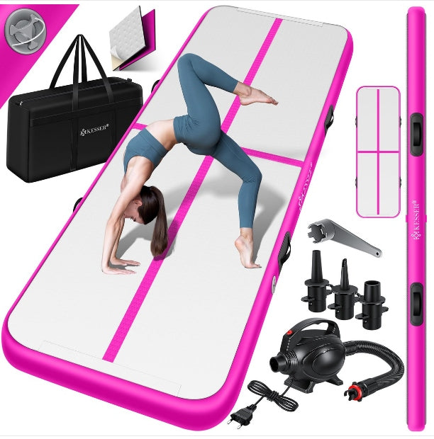 Mata gimnastyczna nadmuchiwana fitness z pompką różowa 3m AIR TRACK Ścieżka Akrobatyczna