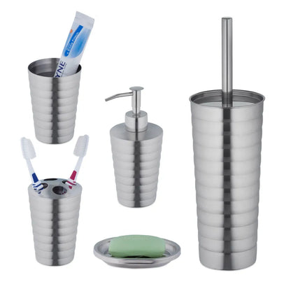 ZESTAW ŁAZIENKOWY 5-ELEMENTOWY SREBRNY BŁYSK STAL NIERDZEWNA