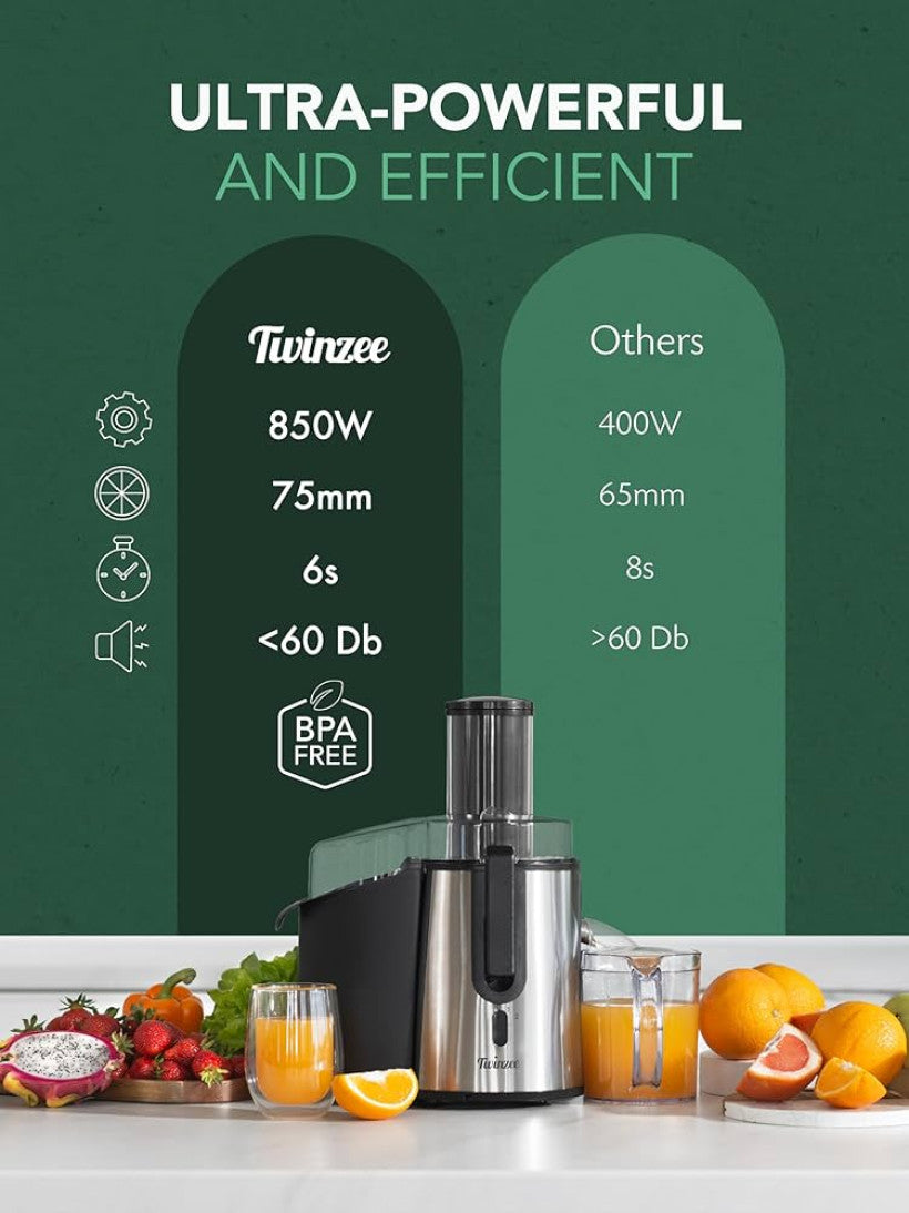 Sokowirówka Twinzee do wyciskania soków owocowych i warzywnych - 850 W - Sokowirówka z szyjką 75 mm i 2 prędkościami