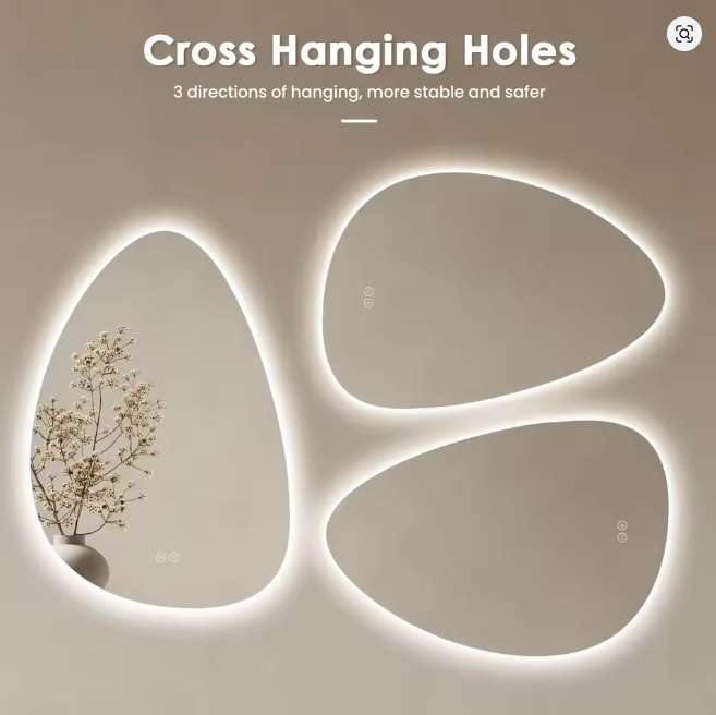 Asymetryczne lustro łazienkowe 80x55 cm, oświetlenie LED, włącznik dotykowy, regulacja jasności, 3 kolory, funkcja zapobiegająca parowaniu, funkcja pamięci