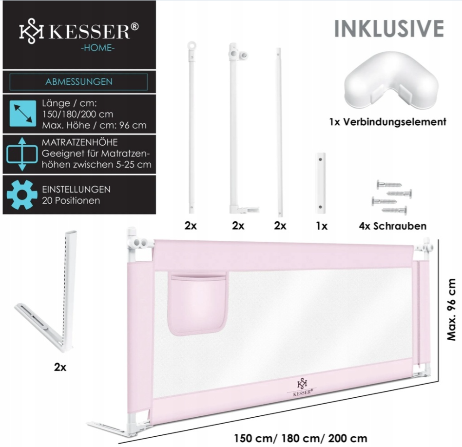 Barierka ochronna do łóżka zabezpieczająca 180 x 44 x 72-96 cm różowa