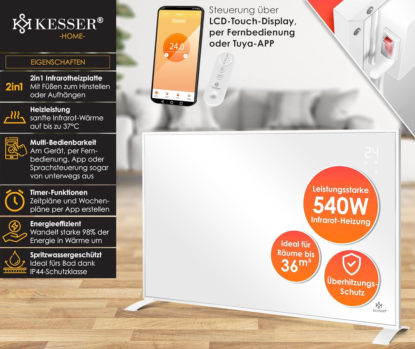 KESSER® Ogrzewanie na podczerwień, energooszczędne urządzenie, montaż na ścianie 540 W