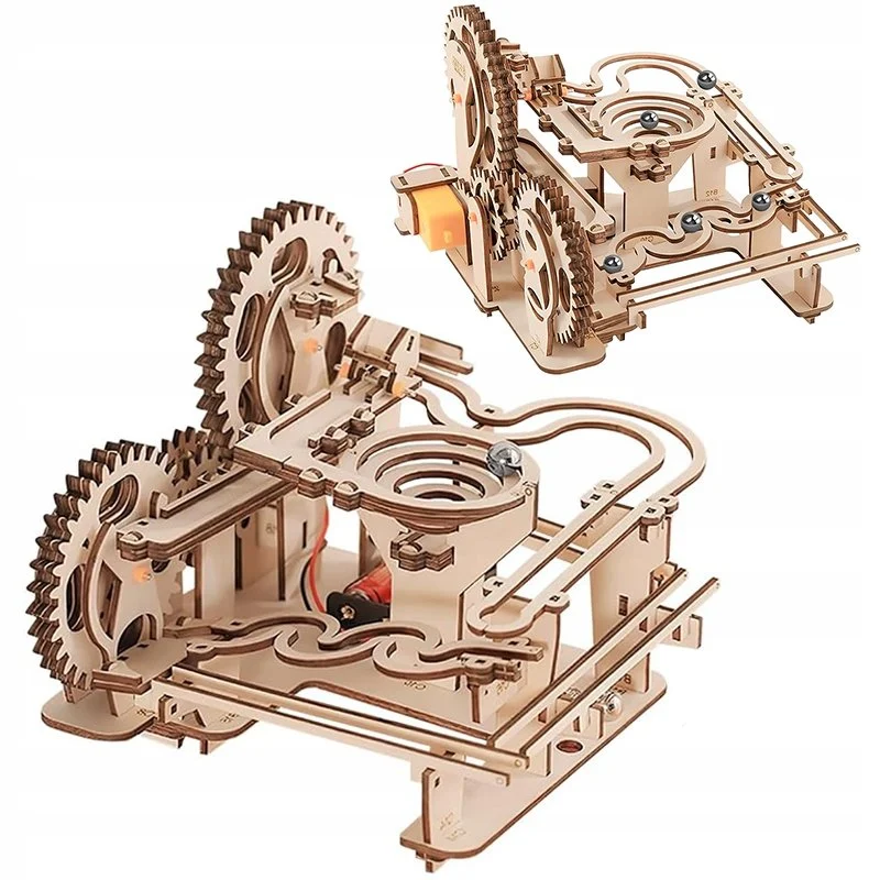 Drewniany puzzle 3D – mechaniczny tor kulkowy DIY