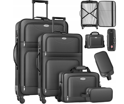 Zestaw 4 walizek z zamkiem TSA i kółkami 360° + kosmetyczka – szary