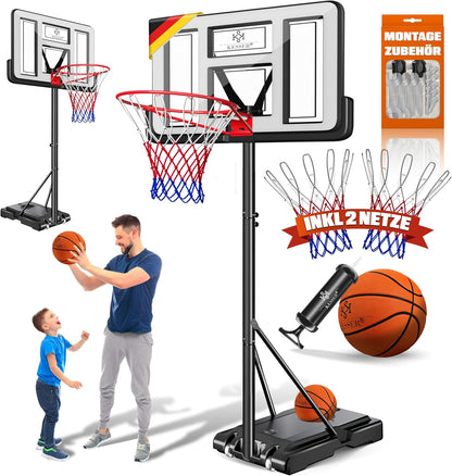 KESSER® Kosz do koszykówki Premium ze stojakiem na kółkach, w zestawie piłka do koszykówki + pompka, regulowana wysokość kosza, od 230 do 305 cm