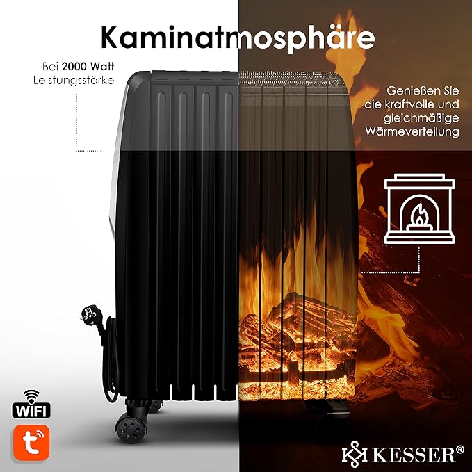 KESSER® Grzejnik olejowy 2500 W z aplikacją WiFi i pilotem zdalnego sterowania, cyfrowy wyświetlacz, elektryczny, energooszczędny grzejnik z 10 żebrami, timer, 4 stopnie ogrzewania, termostat