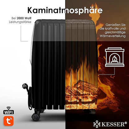KESSER® Grzejnik olejowy 2500 W z aplikacją WiFi i pilotem zdalnego sterowania, cyfrowy wyświetlacz, elektryczny, energooszczędny grzejnik z 10 żebrami, timer, 4 stopnie ogrzewania, termostat