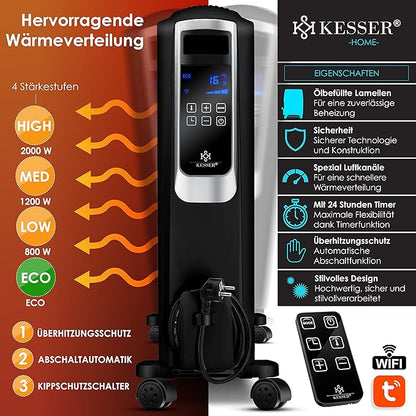 KESSER® Grzejnik olejowy 2500 W z aplikacją WiFi i pilotem zdalnego sterowania, cyfrowy wyświetlacz, elektryczny, energooszczędny grzejnik z 10 żebrami, timer, 4 stopnie ogrzewania, termostat