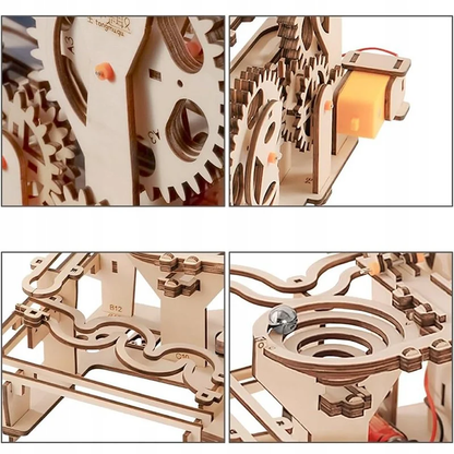 Drewniany puzzle 3D – mechaniczny tor kulkowy DIY
