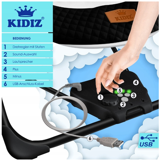 Elektryczny leżaczek bujaczek dla niemowląt – czarno-biały, składany, max. 9 kg