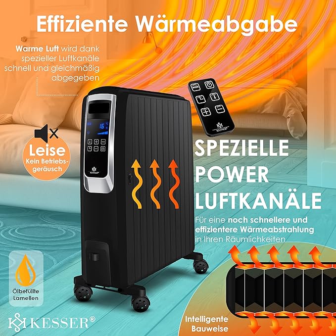 KESSER® Grzejnik olejowy 2500 W z aplikacją WiFi i pilotem zdalnego sterowania, cyfrowy wyświetlacz, elektryczny, energooszczędny grzejnik z 10 żebrami, timer, 4 stopnie ogrzewania, termostat