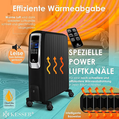 KESSER® Grzejnik olejowy 2500 W z aplikacją WiFi i pilotem zdalnego sterowania, cyfrowy wyświetlacz, elektryczny, energooszczędny grzejnik z 10 żebrami, timer, 4 stopnie ogrzewania, termostat