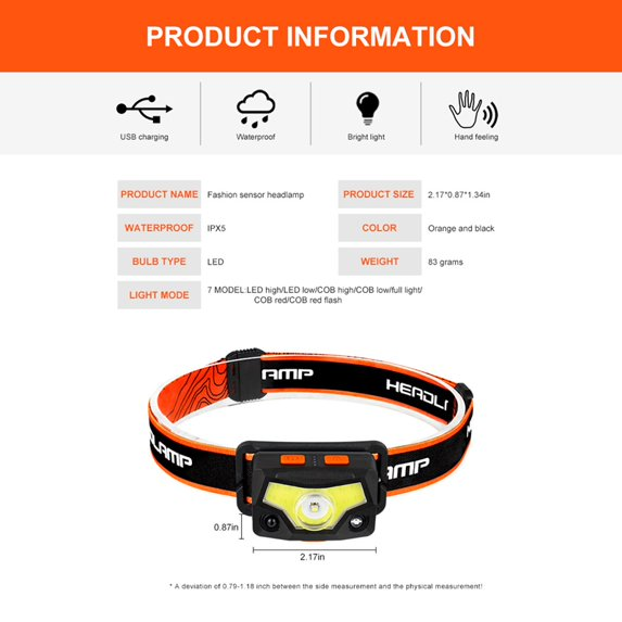 Latarka czołowa akumulatorowa z czujnikiem ruchu XPG + COB – 7 trybów, USB