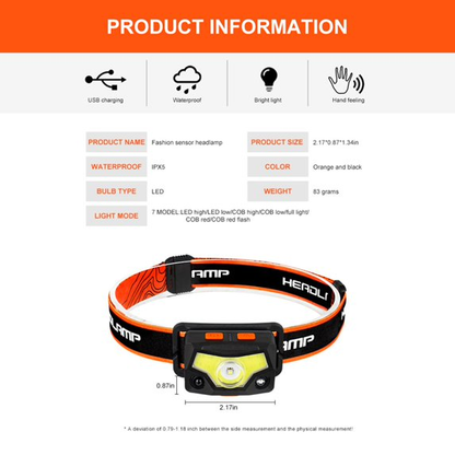 Latarka czołowa akumulatorowa z czujnikiem ruchu XPG + COB – 7 trybów, USB