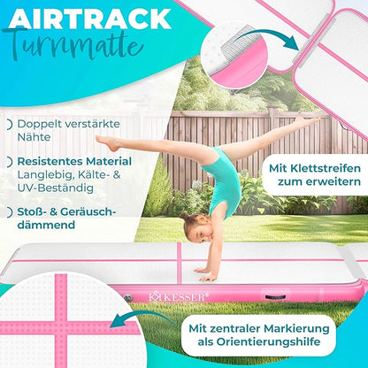 Mata gimnastyczna nadmuchiwana fitness z pompką różowa 3m AIR TRACK Ścieżka Akrobatyczna