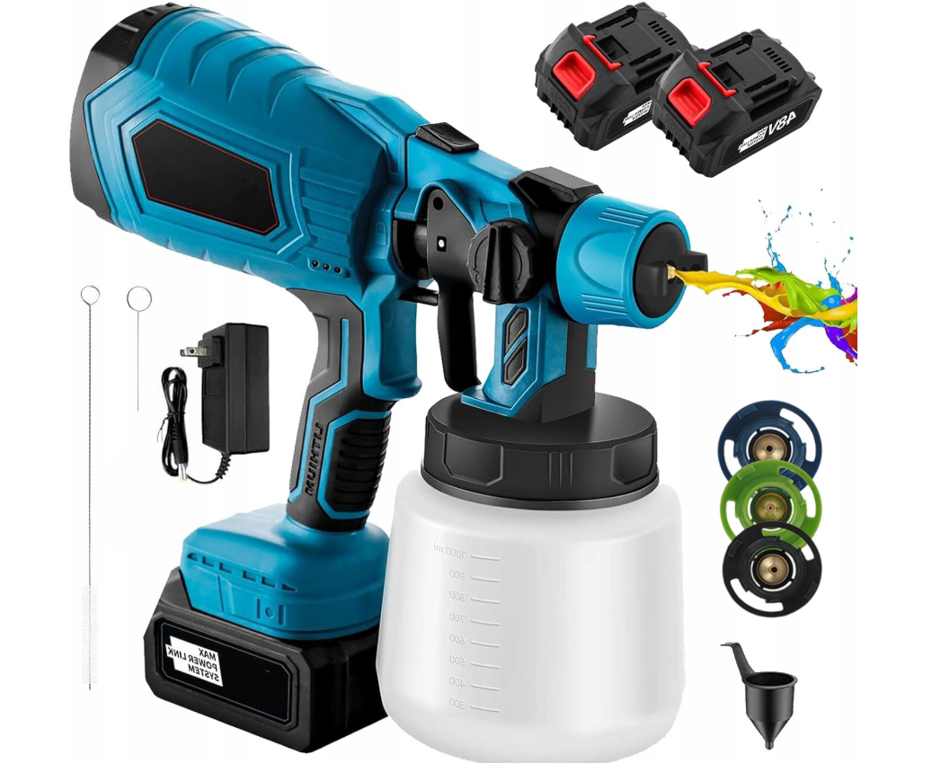 Profesjonalny pistolet malarski elektryczny 18V 1L – zestaw XXL, 3 dysze, 2 akumulatory