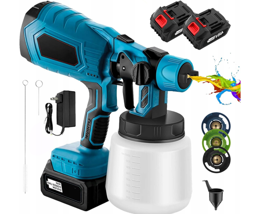 Profesjonalny pistolet malarski elektryczny 18V 1L – zestaw XXL, 3 dysze, 2 akumulatory