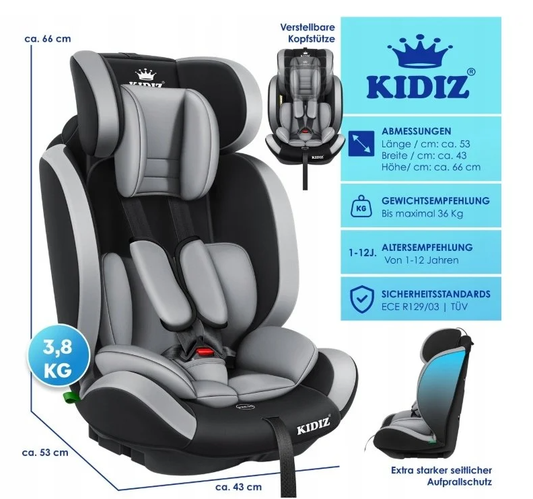 Fotelik samochodowy Kidiz szary 9-36kg