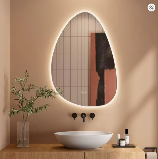 Asymetryczne lustro łazienkowe 80x55 cm, oświetlenie LED, włącznik dotykowy, regulacja jasności, 3 kolory, funkcja zapobiegająca parowaniu, funkcja pamięci