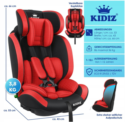 Fotelik samochodowy dziecięcy, czarno -czerwony 9-36 kg (Grupa 1+2+3) KIDIZ