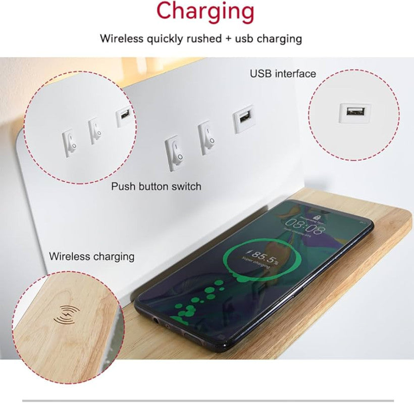 Lampa ścienna LED z bezprzewodową ładowarką 2 w 1, lampka nocna z przyłączem USB