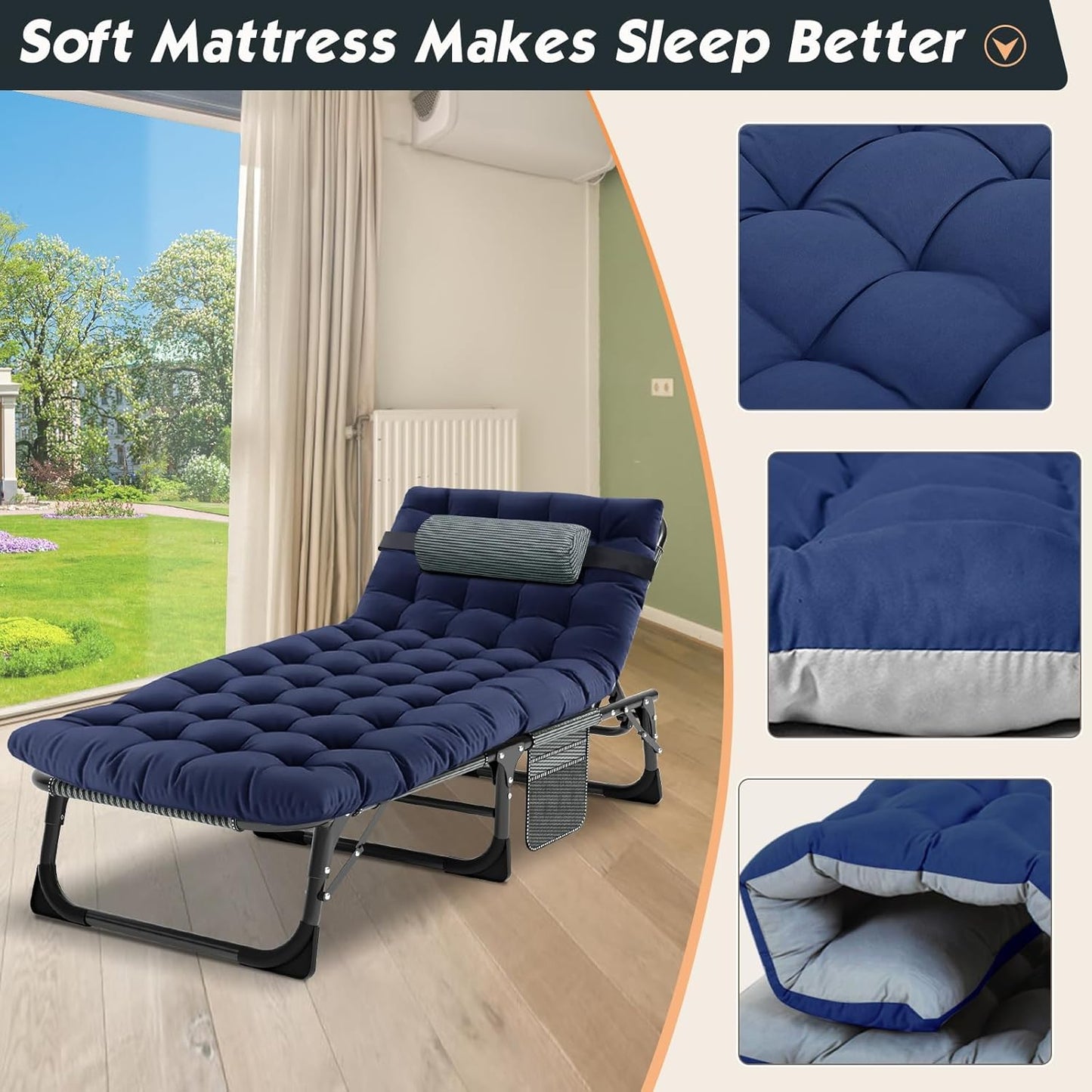 MOPHOTO składany leżak ogrodowy z zagłówkiem – wygodny leżak turystyczny, kempingowy i biurowy